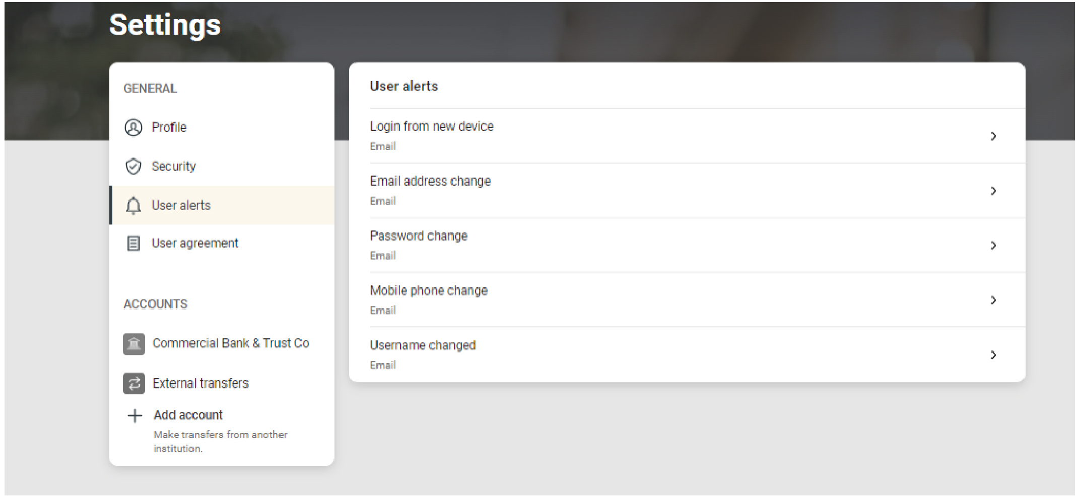 Banno Online user info settings